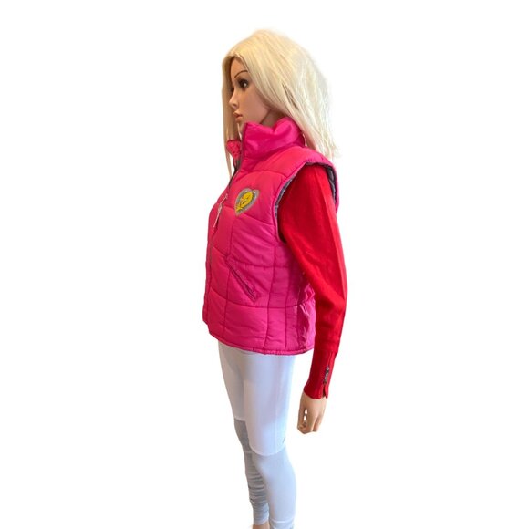 Vintage 90's Tweety Bird Looney Tunes Hot Pink Puffer Vest Junior 14/ Women S - Picture 13 of 14